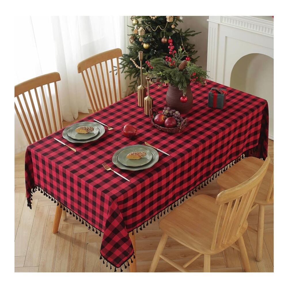 Alsoo Red Checkered Tablecloth Rectangle Cotton‎ Linen Fabric 55x75